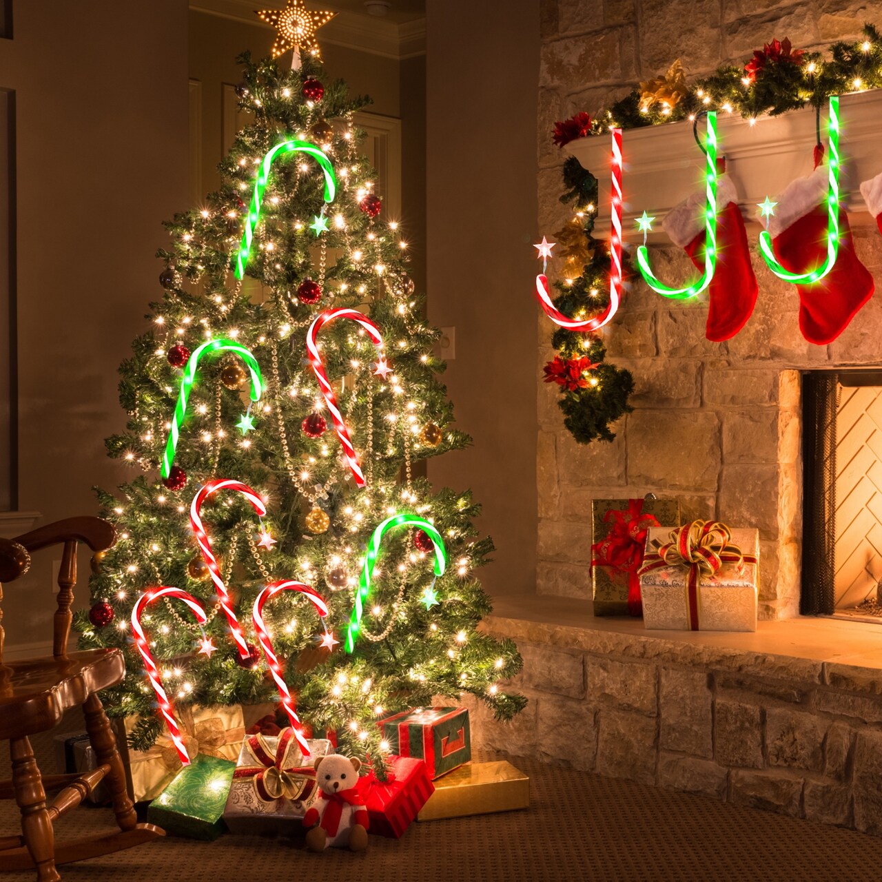 Christmas Candy Cane Pathway Lights, 10PCS Red & Green Striped LED Candy Cane Lights with Stakes, Outdoor Indoor Holiday Decor for Lawn, Walkway, Garden, Christmas Party Decoration